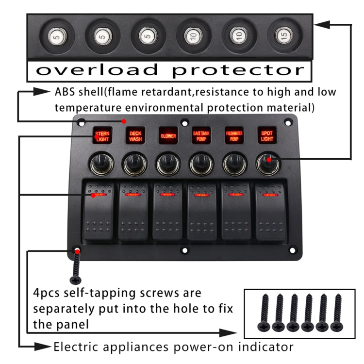 6-Way IP65 12V/24V Switch Panel with Projector Symbols