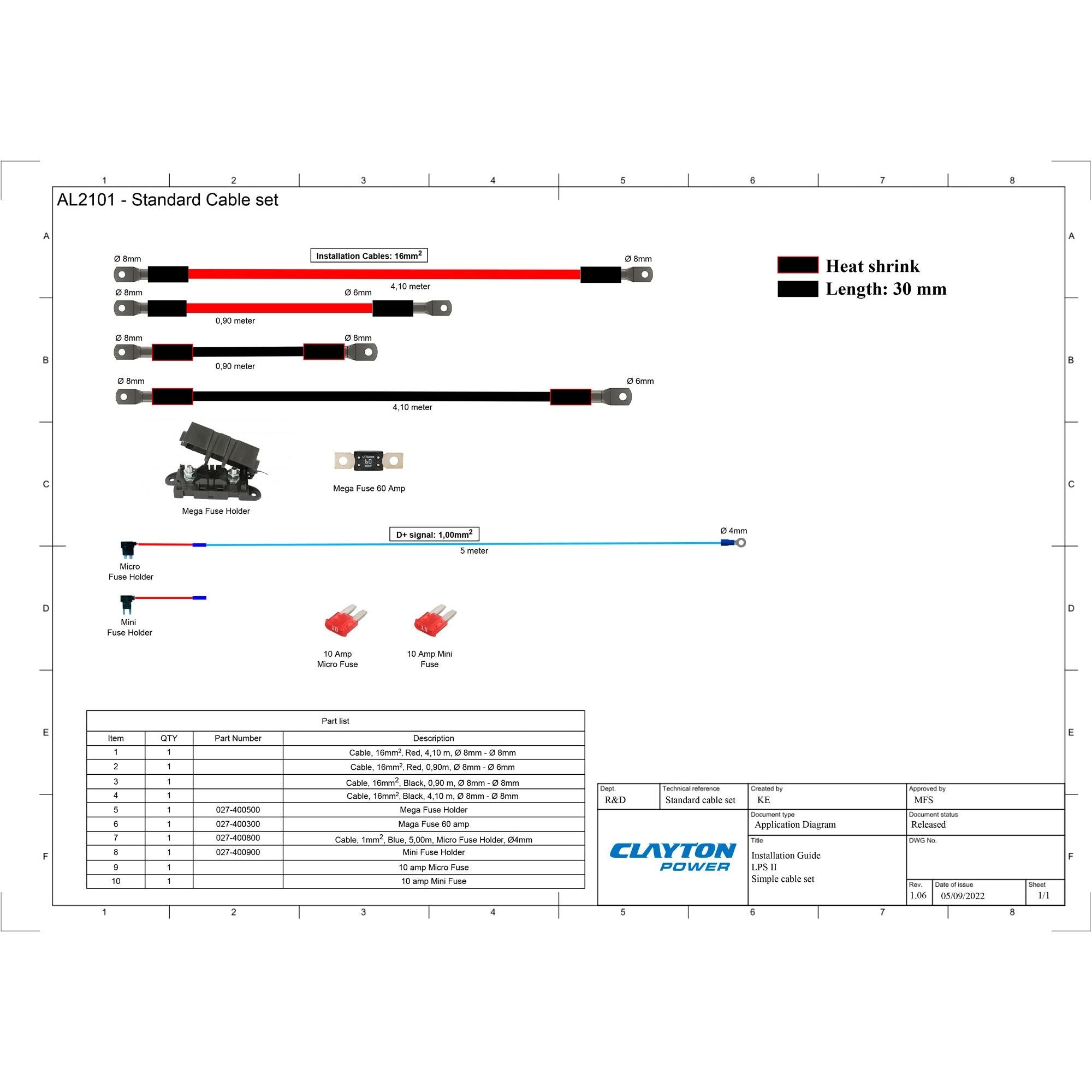 Clayton Power - 5 m cable set for alternator
