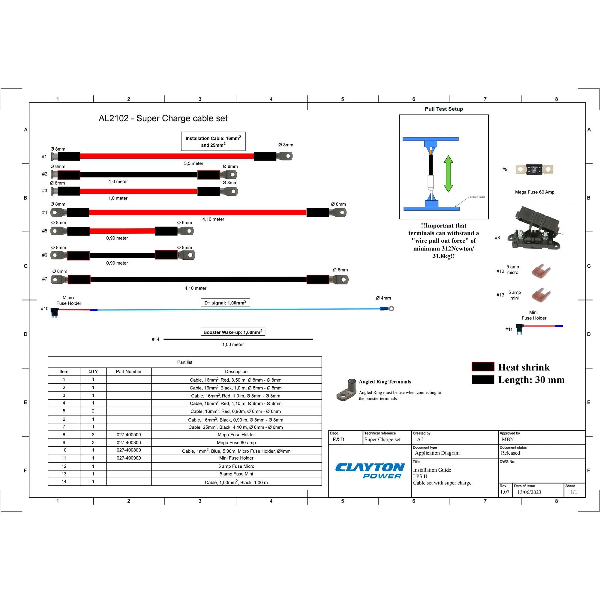Clayton Power - 5 m cable set for alternator + Extra cables for Super Charge